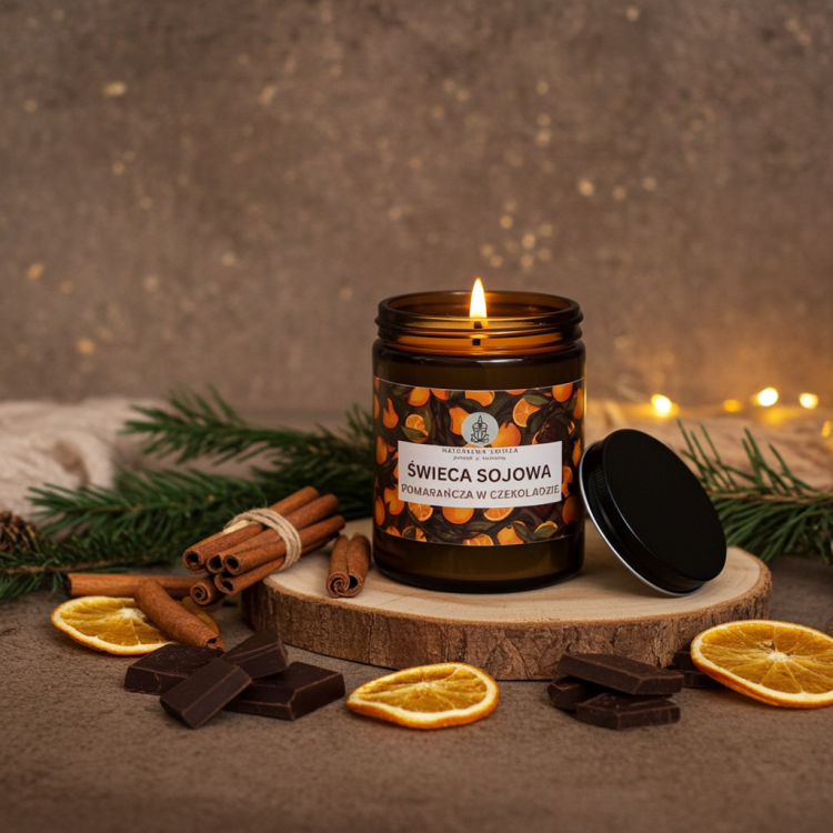 Ręcznie robiona świeca sojowa 180 ml Pomarańcza w Czekoladzie – naturalny wosk, drewniany knot