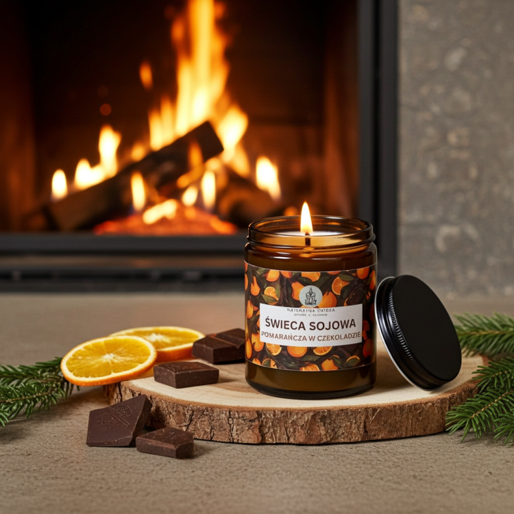 Prezentowa świeca sojowa 180 ml Pomarańcza w Czekoladzie – naturalny wosk, drewniany knot, gotowa do wręczenia