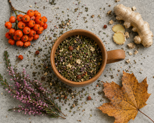 Herbatka JESIEŃ – aromatyczna mieszanka ziół na chłodne jesienne dni, z imbirem, pokrzywą, wrzosem i owocami jarzębiny