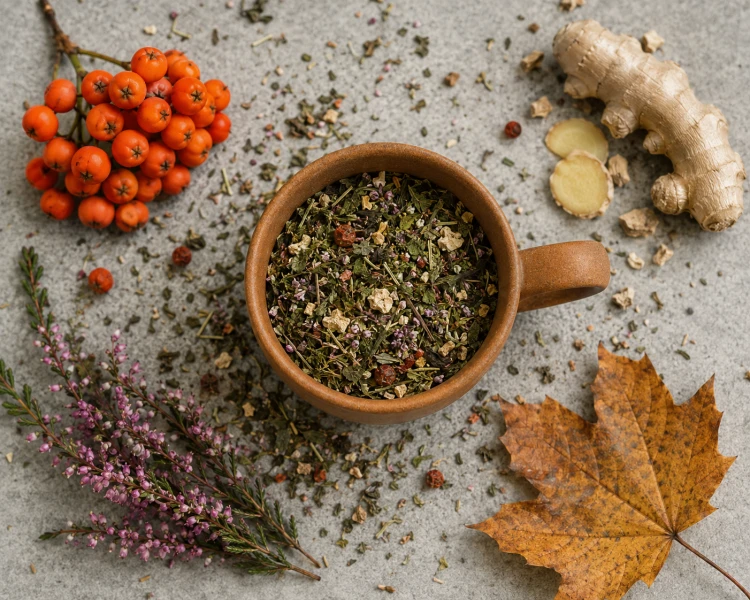 Herbatka JESIEŃ – aromatyczna mieszanka ziół na chłodne jesienne dni, z imbirem, pokrzywą, wrzosem i owocami jarzębiny