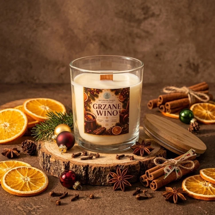 Świeca sojowa o zapachu grzanego wina w jasnym szkle 250 ml