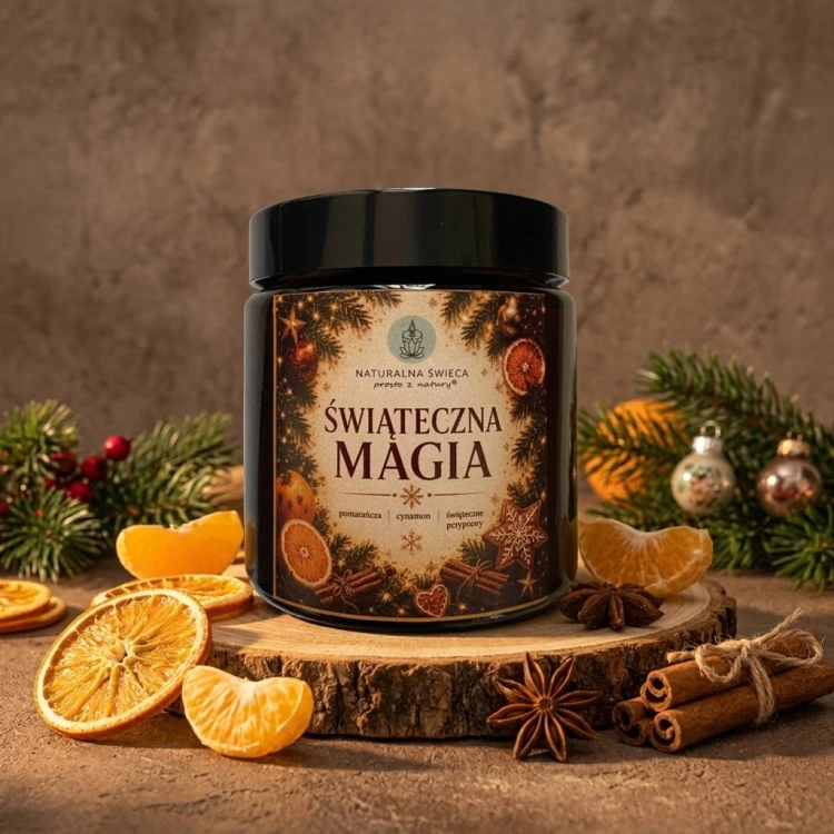 Świeca sojowa ŚWIĄTECZNA MAGIA 120 ml – pomarańcza i cynamon
