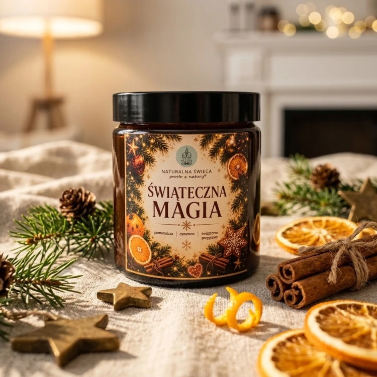 Świeca sojowa na Boże Narodzenie z naturalnym drewnianym knotem