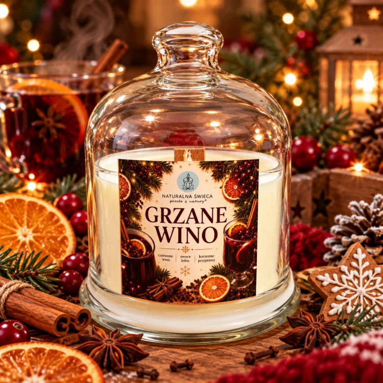 Świeca sojowa Grzane Wino 200 ml z eleganckim szklanym kloszem
