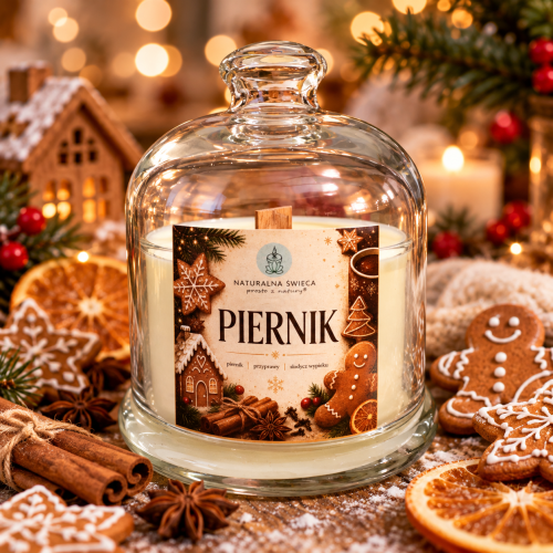 Świeca sojowa Piernik 200 ml ze szklanym kloszem – świąteczna kolekcja Naturalna Świeca